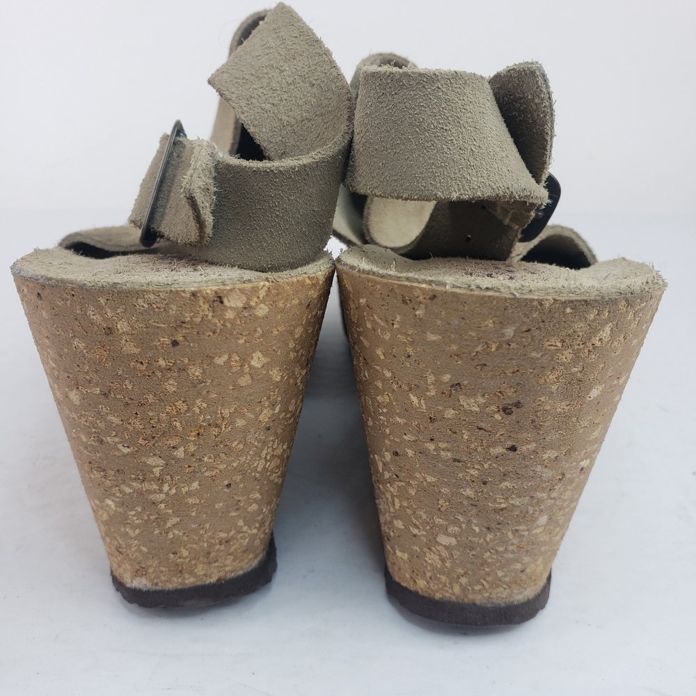 Bio-Gold Wedge Sandals Taupe Leather Ankle Strap Peep Toe - Picture 10 of 11